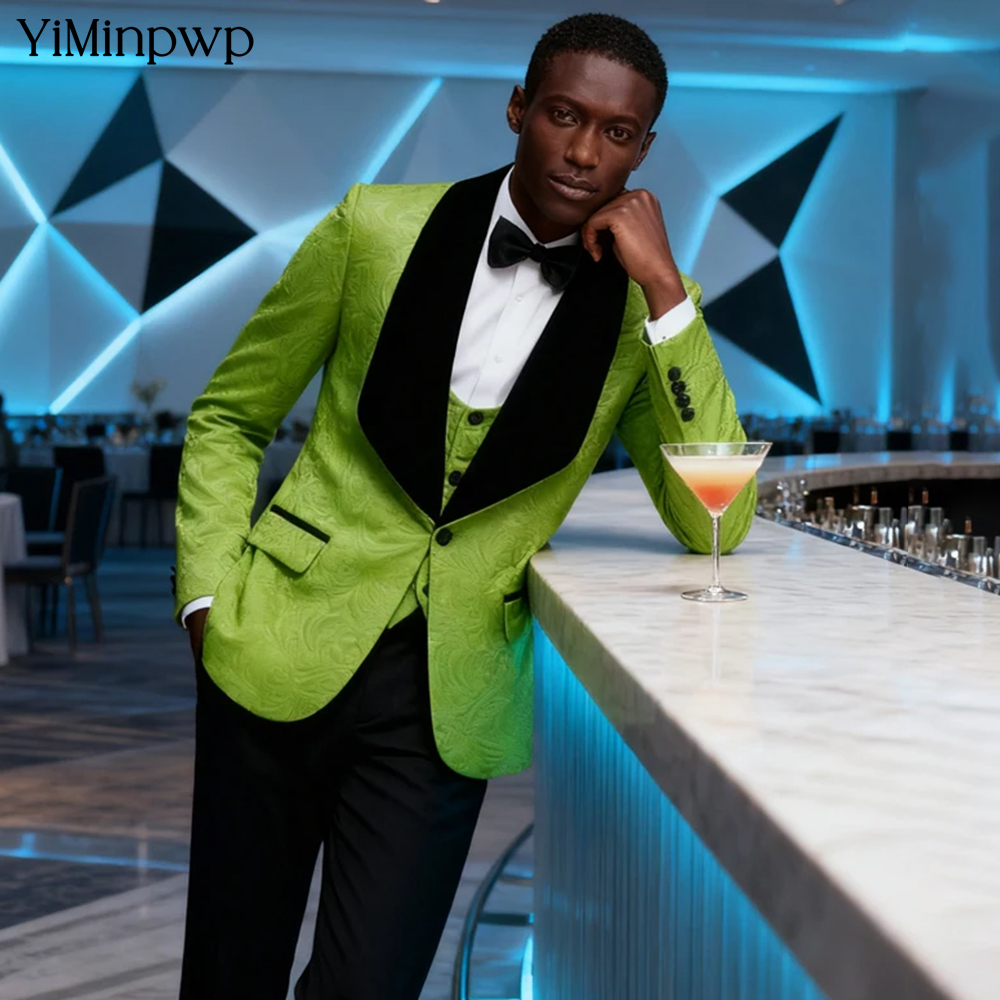 Men Formal Wear Modern - YiMinpwp グリーンジャカード メンズスーツ シングルブレスト ショールラペル フォーマルタキシード